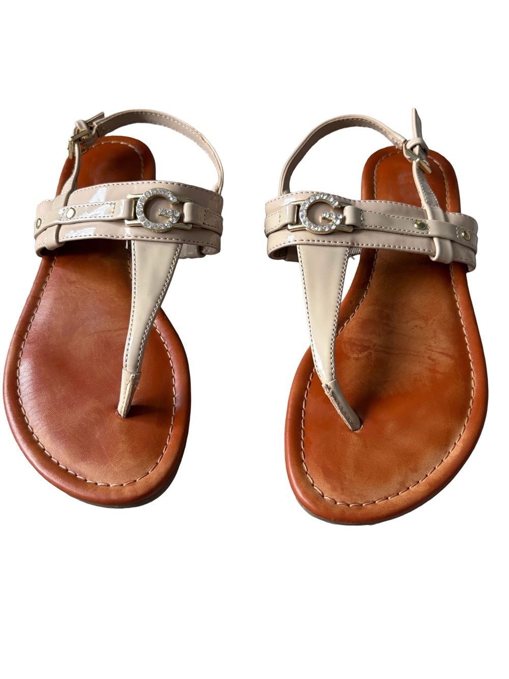GBG Los Angeles Beige T-Strap Sandals with Rhinestone G Logo